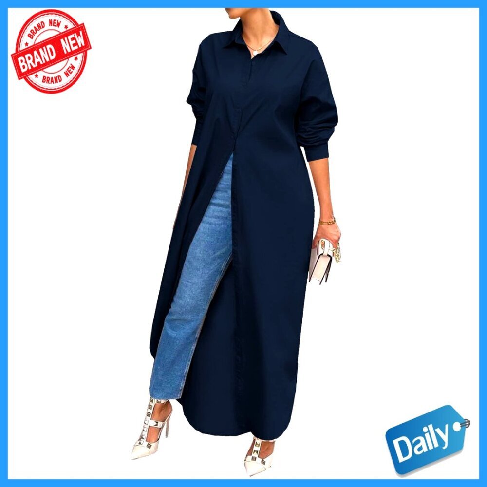 Oversized Button Down Shirt Dress Maxi Casual Chic Long Sleeve Cotton Blend